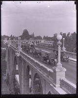 Automobiles riding on Colorado Street Bridge, Pasadena, circa 1920s