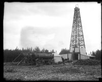 Oil well tower at Coyote oil fields, Los Angeles County, 1920s