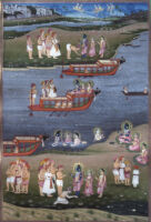 Kewat washing Rama's feet; the trio on boat; Rama worshipping Shivalinga, and offering his ring to Kewat