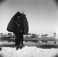 Bedouin woman carrying a jute bag filled with hay