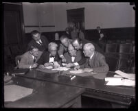Defense team of former district attorney Asa Keyes during his bribery trial, Los Angeles, 1929