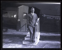 Pilot George K. Rice in front of his plane, the Western Air Express, California, 1929
