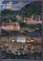 Lakshmana seeking Rama's permission to fight Bharata; Bharata, Shatrughna and Guha coming to Rama along with followers