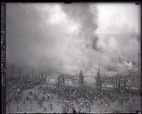 Aerial view of an auto show fire, Los Angeles, 1929
