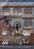 Dasharatha in bed; Rama, Sita and Lakshmana in chariot