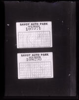 Picture of two parking tags used as evidence in the David H. Clark murder trial, Los Angeles, 1931