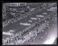 Flag-bearers and drill teams proceed down Ocean Boulevard during American Legion Parade, Long Beach, 1931