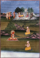 Hanumana and other monkeys behind Rama and Lakshmana; Hanumana sitting before Tulsidas