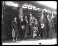 Margarete Bäumer with members of the German Grand Opera Company at a train station, Los Angeles, 1930