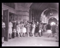 UCLA students in line outside of Royce Hall waiting to register for classes, Los Angeles, 1929