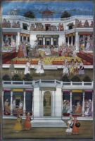 Queens Kausalya and Sumitra; Dasharatha, sage Vasishtha and Rama; people waiting for the coronation of Rama