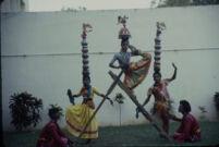 Om Periyaswamy dance troupe - Karakāṭṭam dance with ladders and karana poses as two other dancers balance pots, Madurai (India), 1984