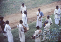 Om Periyaswamy with Nāiyāndī Mēḷam musicians with instruments, Madurai (India), 1984