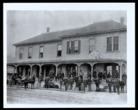 People in front of the Monrovia Hotel, Monrovia, circa 1886