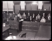 District attorney Buron Fitts addresses the jury during the Asa Keyes bribery trial, Los Angeles, 1929