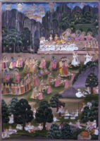 Bharata and Rama seated; Rama, Lakshmana and Sita meeting the Queens