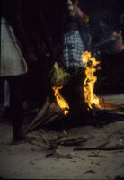 Villupāttu event - blazing fire with areca nut sheaves for a manjal nirattam trance ritual at the Ayyappan Temple, Achankulam (India : Village), 1984