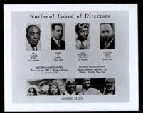 Advertisement leaf with portraits of a "National Board of Directors," including Dr. Curtis King, Alvin C. Gary, Lieut. William J. Powell, Claude DeM. Lewis, and an image of 5 women pilots, 1930s