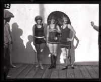 Three beauty contestants posing in swimwear, Redondo Beach, 1924