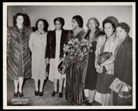 Marian Anderson in her dressing room with Vada Somerville and others, Los Angeles, 1940s
