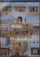 Rama, Sita and Lakshmana with Dasharatha; sage Vasishtha and the citizens