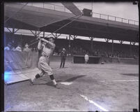 Frank Brower swinging his bat at the Washington Park baseball field, Los Angeles, 1925-1925