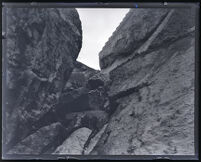 Upward view of the canyon rock face after the collapse of the Saint Francis Dam, San Francisquito Canyon (Calif.), 1928 