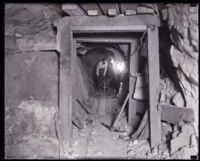 View of the inside of a construction tunnel at the San Gabriel Dam, Los Angeles County, 1920s 