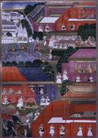 Bharata in Bhardvaja's ashrama; queens in the middle; attendants