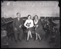 Eunice Pringle with her parents Dr. Lewis A. Pringle and Irene Pringle during the Alexander Pantages rape trial, Los Angeles, 1929