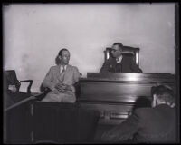 James Reid on the witness stand during the coroner's inquest of the murder of Anne Nerrell, Los Angeles, 1932