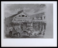 Engraved image of the New World Market, located at the corner of Leidesdorff and Commercial Streets, San Francisco,  (copy photo made 1930-1989)