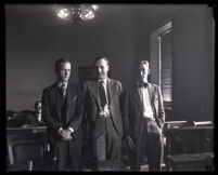 Leo Patrick Kelley with two unidentified men, during the renewed investigation of the Leo Patrick Kelley murder case, Los Angeles, 1929