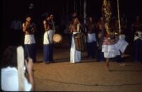 Theyyam festival - Thirayāṭṭam performance with three musicians and a kolam character, Kalliasseri (India), 1984