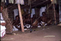 Sarpam Thullal Pulluvan Serpent Ritual - L. S. Rajagopalan observes musicians, Peramangalam (India), 1984