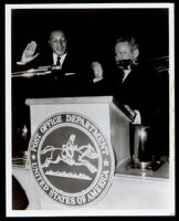 Leslie Shaw sworn in as Postmaster of Los Angeles by Senator Clair Engle, Los Angeles, 1963