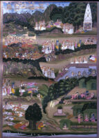 Bharata saluting sages and gods; King Guha indicating the hill where Rama stayed; Sita dreams of Bharata's survival