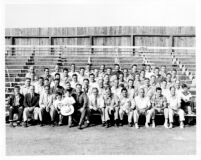 Alumi Association Annual Picnic group photo with coaches, 1952