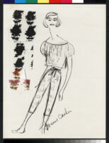 Cashin's illustrations of at-home wear designs, with swatches. f02-03