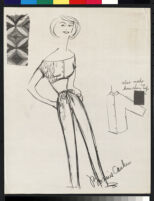 Cashin's illustrations of at-home wear designs, with swatches. f02-06