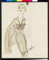Cashin's hand-painted illustrations of ensembles featuring beige and ivory Forstmann wool. f04-02
