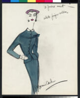 Cashin's hand-painted illustrations of ensembles featuring blue Forstmann wool. f05-02
