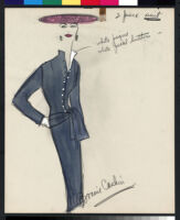Cashin's hand-painted illustrations of ensembles featuring blue Forstmann wool. f05-04