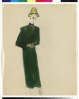 Cashin's hand-painted illustrations of ensembles featuring green Forstmann wool. f06-01
