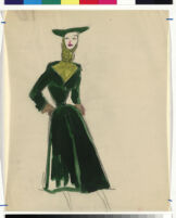 Cashin's hand-painted illustrations of ensembles featuring green Forstmann wool. f06-02
