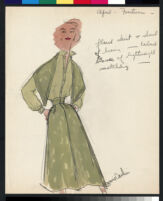 Cashin's hand-painted illustrations of ensembles featuring green Forstmann wool. f06-05