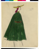 Cashin's hand-painted illustrations of ensembles featuring green Forstmann wool. f06-03