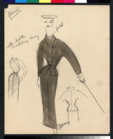 Cashin's hand-painted illustrations of ensembles featuring black and white / gray Forstmann wool. f07-04