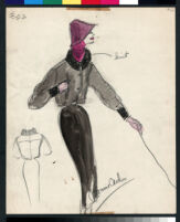 Cashin's hand-painted illustrations of ensembles featuring black and white / gray Forstmann wool. f07-08