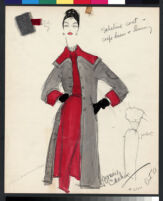 Cashin's hand-painted illustrations of ensembles featuring black and white / gray Forstmann wool. f07-10